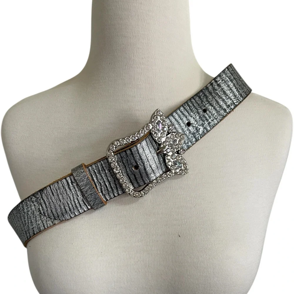 Arden B Silver & Rhinestone Buckle Leather Belt